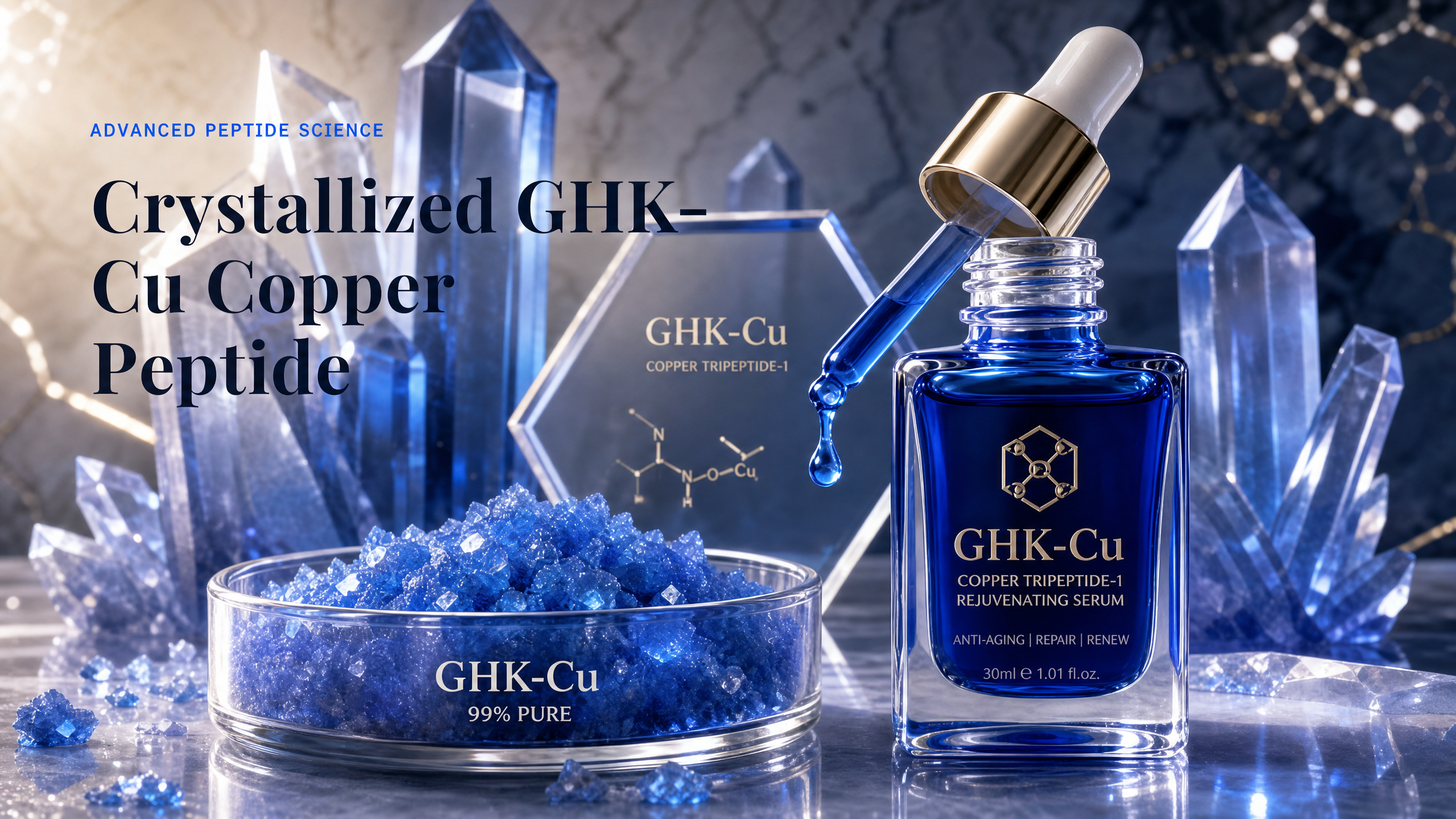 Crystallized GHK-Cu copper peptide powder with cobalt serum bottle and blue crystals