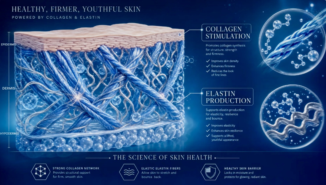Healthy firmer youthful skin graphic showing collagen stimulation, elastin production, and skin structure