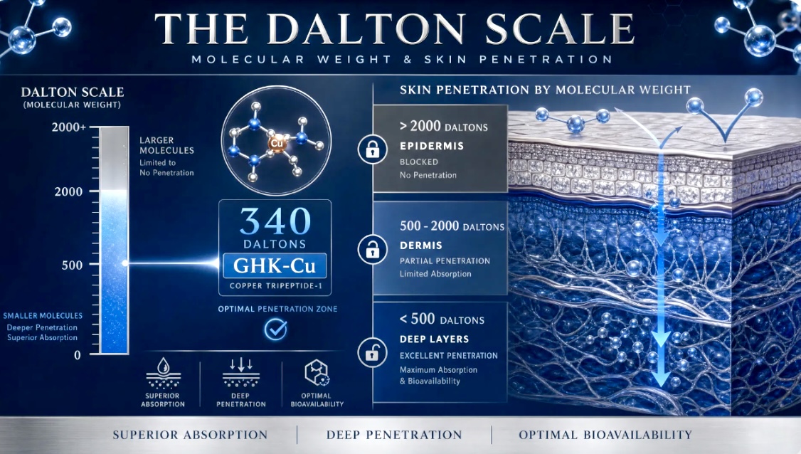 Dalton scale graphic explaining molecular weight and skin penetration for 340 Dalton GHK-Cu